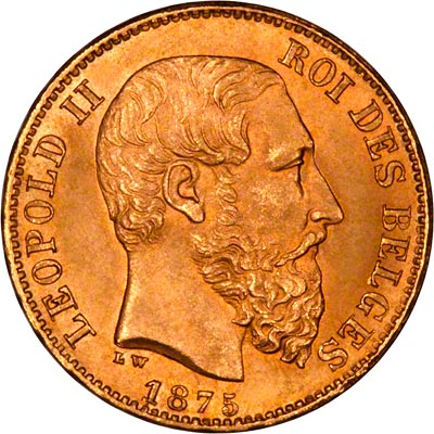 Obverse of 1875 Belgium 20 Francs