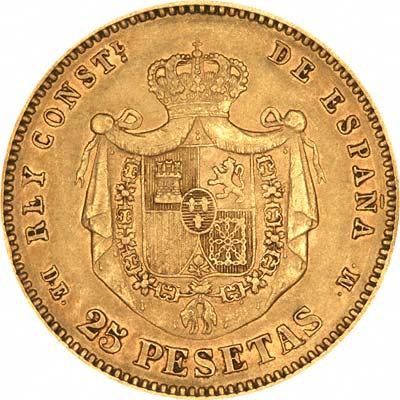 Reverse of 1877 Spanish 25 Pesetas of Alphonso XII