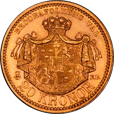 Reverse of 1877 Swedish 20 Kronor
