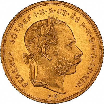 Obverse of 1879 Hungarian 8 Forints 20 Francs