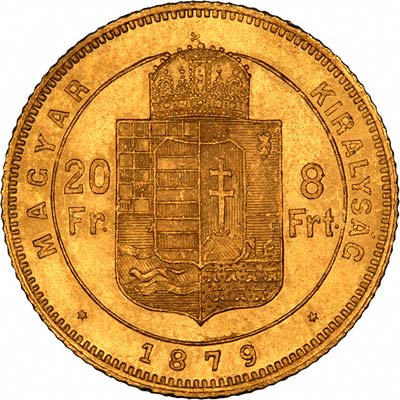 Reverse of 1879 Hungarian 8 Forints 20 Francs