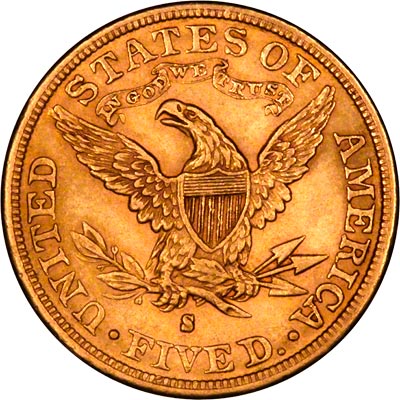 Reverse of 1881 American Five Dollar Gold Coin