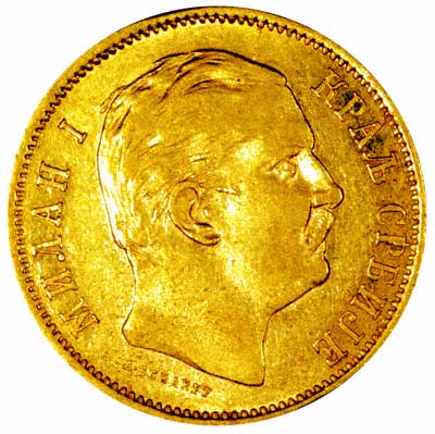 King Milan I on a Serbian 10 Dinara of 1882