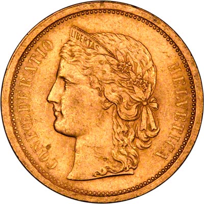 Obverse of 1886 Swiss 20 Francs
