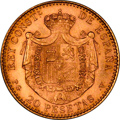 Reverse of 1887 Spanish 20 Pesetas - Official Restrike