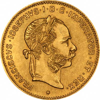 Franz Joseph on Obverse of 1892 Restrike Austrian 4 Florins 10 Francs
