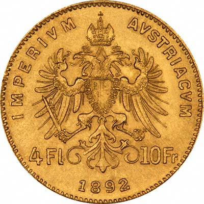 Reverse of Austrian 4 Florins 10 Francs of 1889