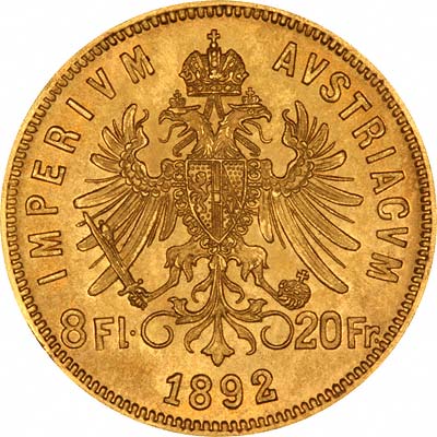 Reverse of 1892 Restrike Austrian 20 Francs 8 Florins