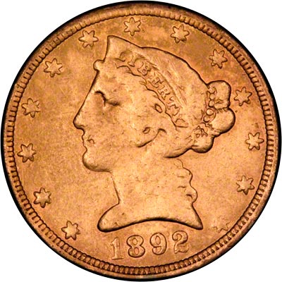 Obverse of 1892 American Five Dollar Gold Coin