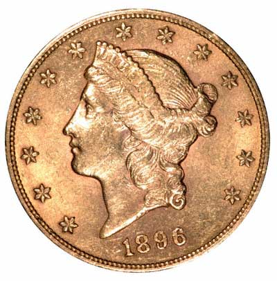Obverse of 1896 American Gold Double Eagle - $20