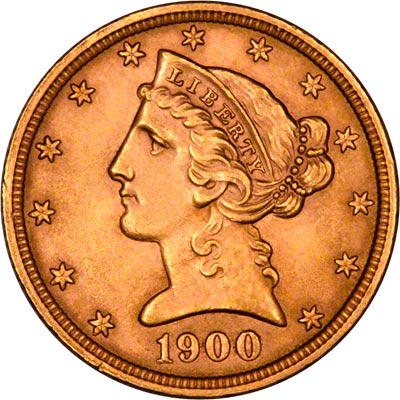 Obverse of 1900 American Five Dollar Gold Coin