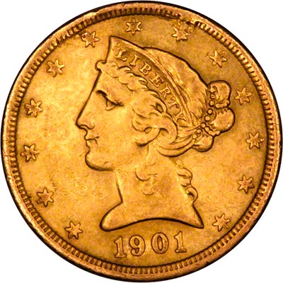 Obverse of 1901 - S American Five Dollar Gold Coin