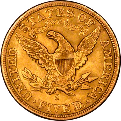 Reverse of 1901 - S American Five Dollar Gold Coin
