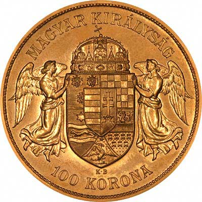 Reverse of 1908 Hungarian 100 Korona Restrike