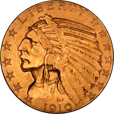 Obverse of 1910  American Five Dollar Gold Coin