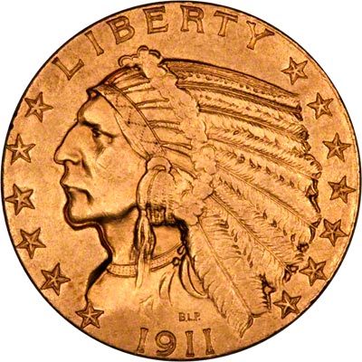 Obverse of 1911  American Five Dollar Gold Coin