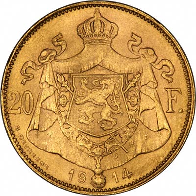 Reverse of 1914 Belgian 20 Francs
