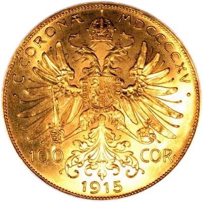 Reverse of 1915 Restrike Austrian Gold 100 Corona