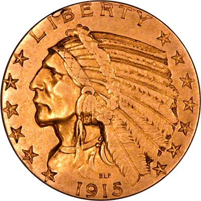 Obverse of 1915  American Five Dollar Gold Coin
