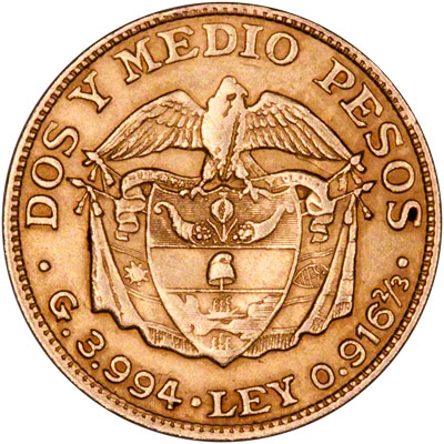 Reverse of 1919 Colombian 2.5 Pesos Gold Coin