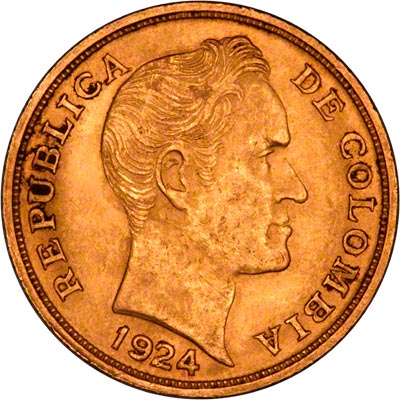 Obverse of 1924 Colombian 10 Pesos Gold Coin