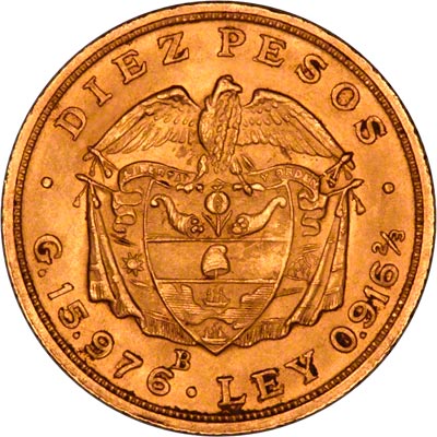 Reverse of 1924 Colombian 10 Pesos Gold Coin