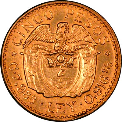 Reverse of 1924 Colombian 5 Pesos Gold Coin