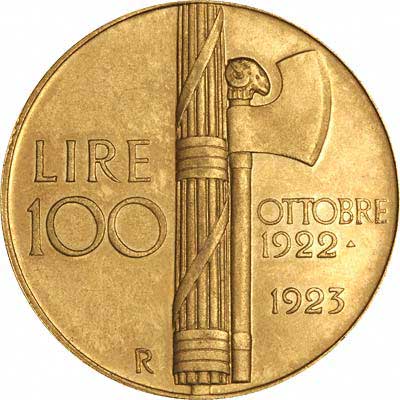Reverse of Italian 1943 Mussolini Pattern Gold 100 Lire