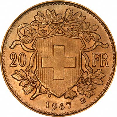 Reverse of 1947 Swiss 20 Francs