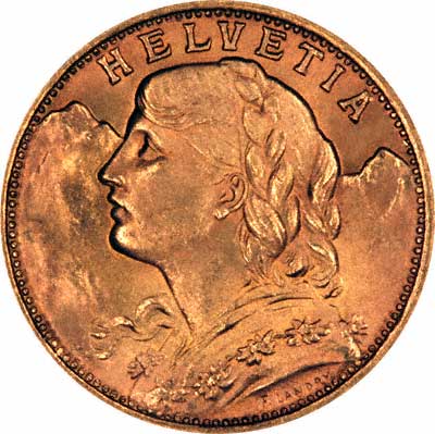 Obverse of 1949 Swiss 20 Francs