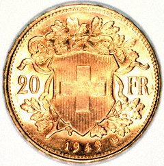 Reverse of 1949 Swiss 20 Francs