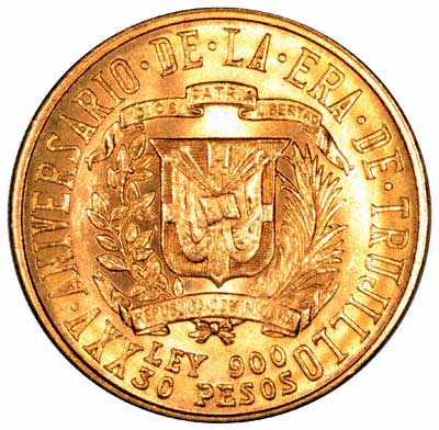 Reverse of 1955 Dominican Republic Gold 30 Pesos