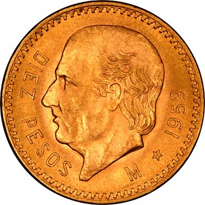 Reverse of 1959 Mexican 10 Pesos