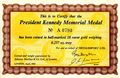 1963 Kennedy Small Gold Medallion Certificate