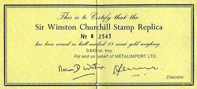 1965 Sir Winston Churchill Stamp Replica Certificate