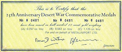 1966 Desert War 25th Anniversary Gold Medallion Certificate