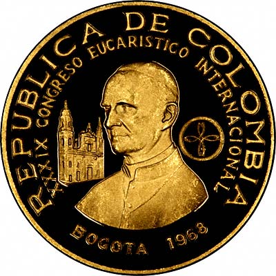 Obverse of 1968 Colombian 300 Pesos Gold Coin