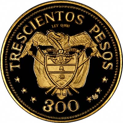 Reverse of 1968 Colombian 300 Pesos Gold Coin