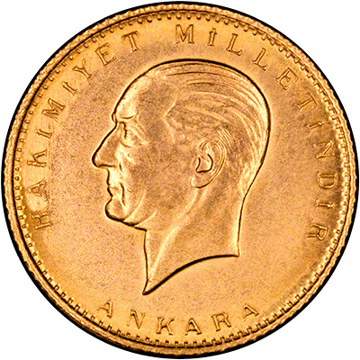 Obverse of 1972 Turkish 50 Kurush Gold Coin