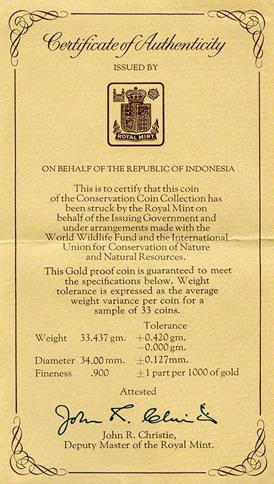 1974 100,000 Rupiah Gold Proof Certificate