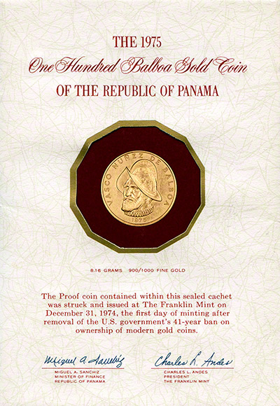Obverse of 1975 Gold 100 Balboas in First Day of Issue Cachet