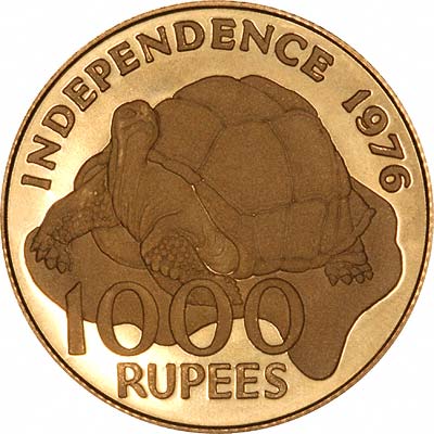 Large Tortoise on Reverse of 1976 Seychelles Gold 1,000 Rupees