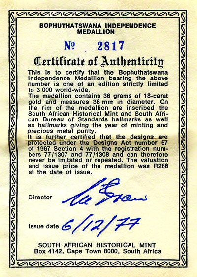 1977 south africa bophuthatswana certificate