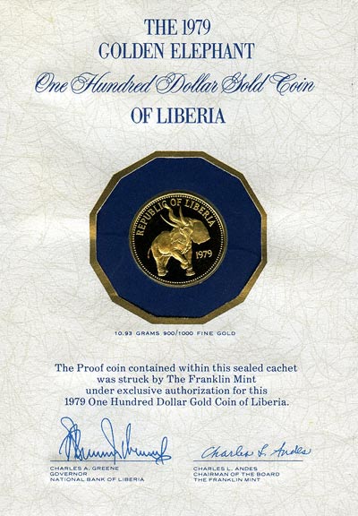 Obverse of 1979 Liberia Gold 100 Dollars