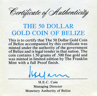 1981 Belize Gold Proff $50 Certificate