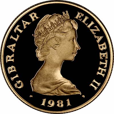 Obverse of 1981 Gibraltar Prince Charles and Lady Diana £50 Gold Coin