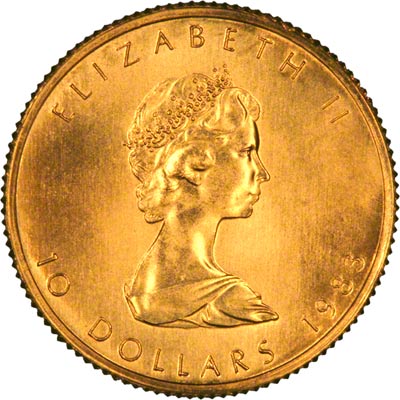Obverse of 1983 Canadian Quarter Ounce Gold Maple Leaf