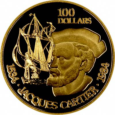 Reverse of 1984 Canada Gold Proof $100 - Jacques Cartier