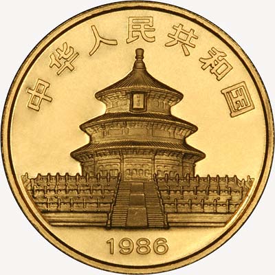 Obverse of 1986 One Ounce Gold Panda Coin