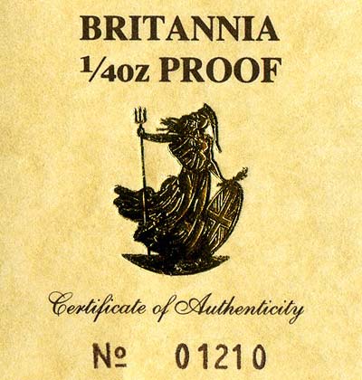 1987 Quarter Ounce Gold Britannia Proof Certificate